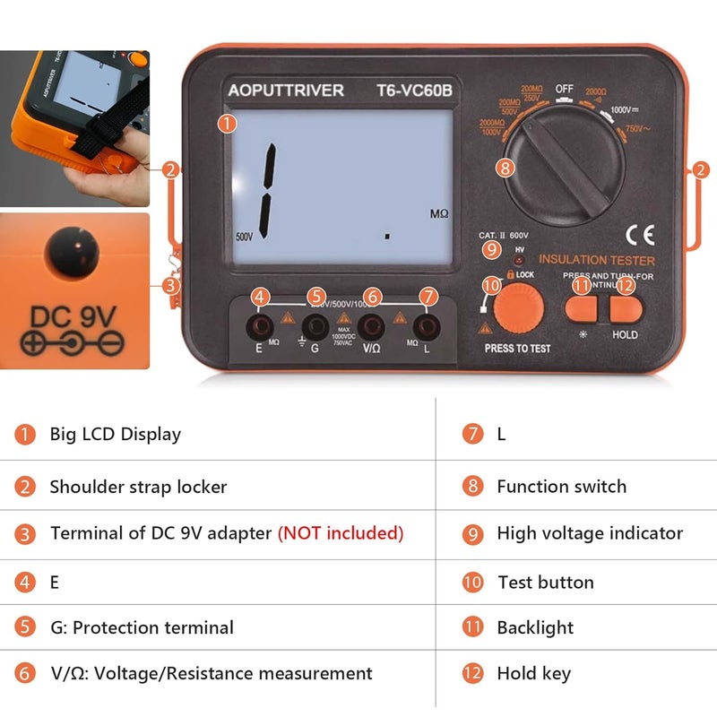 AOPUTTRIVER Megohmmeter 1000V Insulation Resistance Tester, 1999 Counts Megaohm Meter Big LCD Display DCV ACV Megohm Meter DC250/500/1000V, 200MΩ~2000MΩ Resistance Testing with Data Hold Backlit for Motor Cables - Image 2